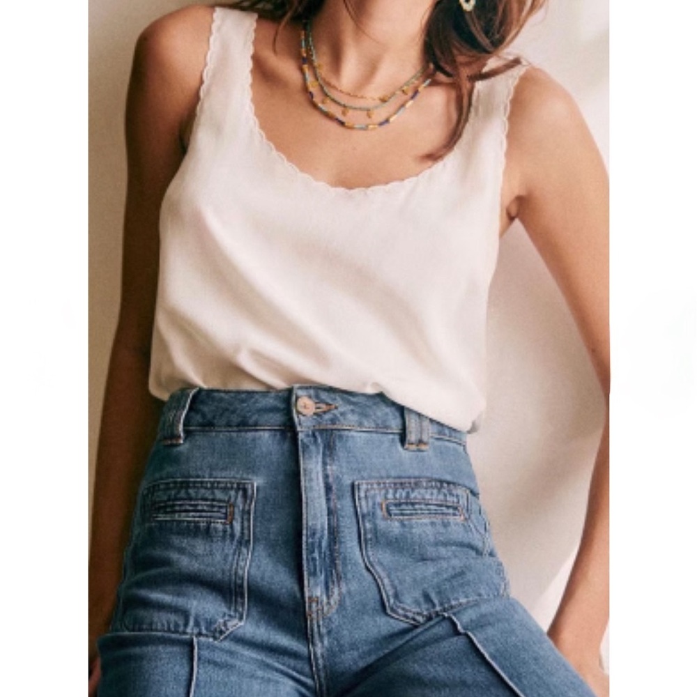 Sezane Lucie White Scalloped Tank Top Cru 100% Silk